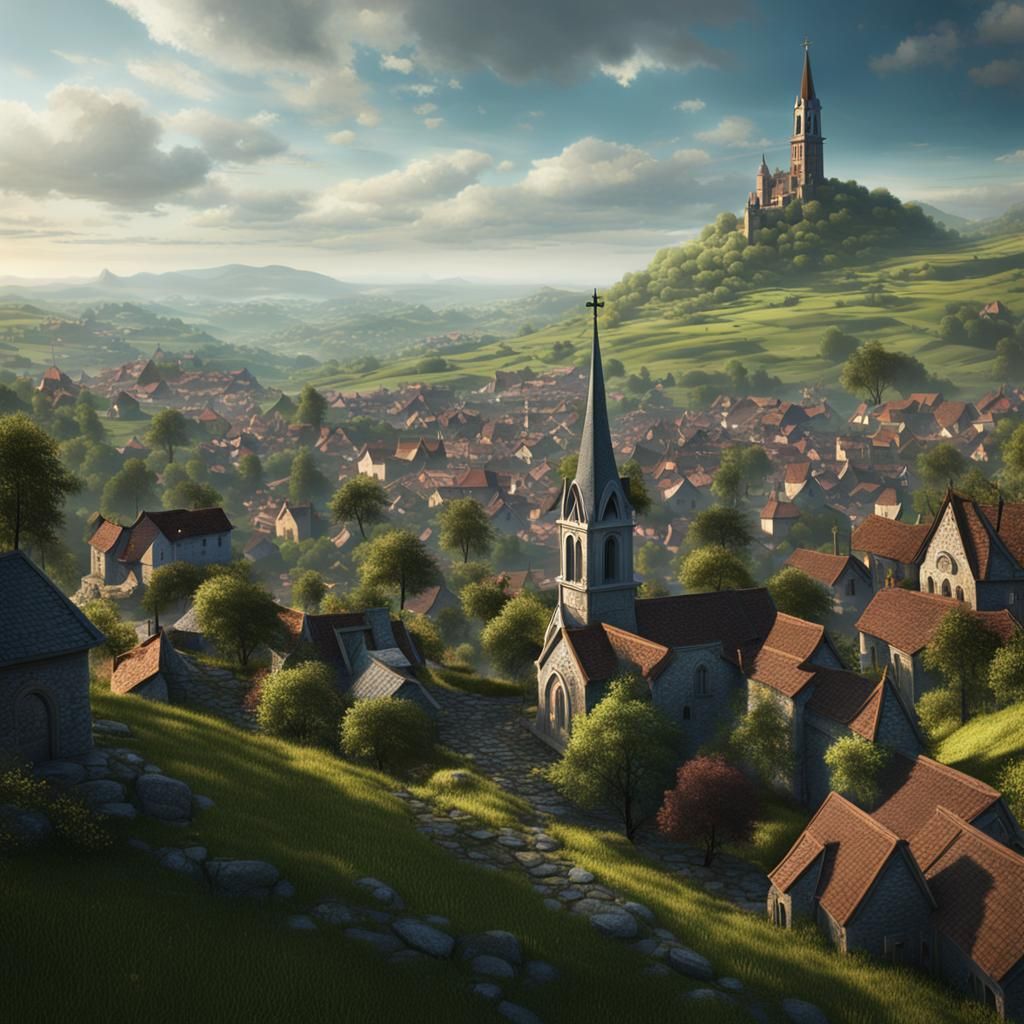 Picturesque Hillside Town with Church Steeple: Fantasy Art