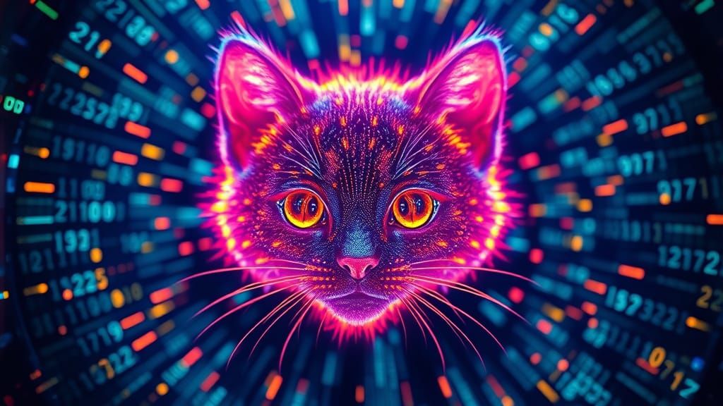 Bioluminescent Kitten Sculpture in Matrix Code Cosmos