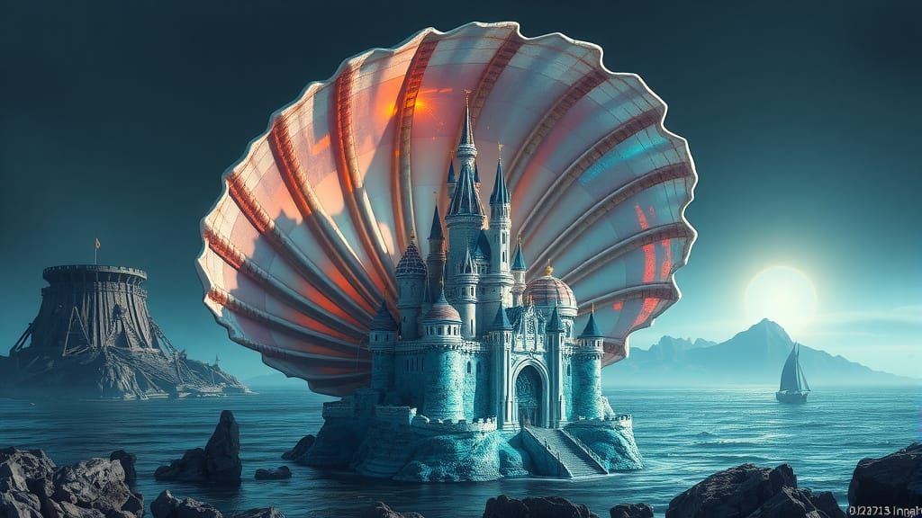 Iridescent Seashell Castle: Futuristic Fantasy Art