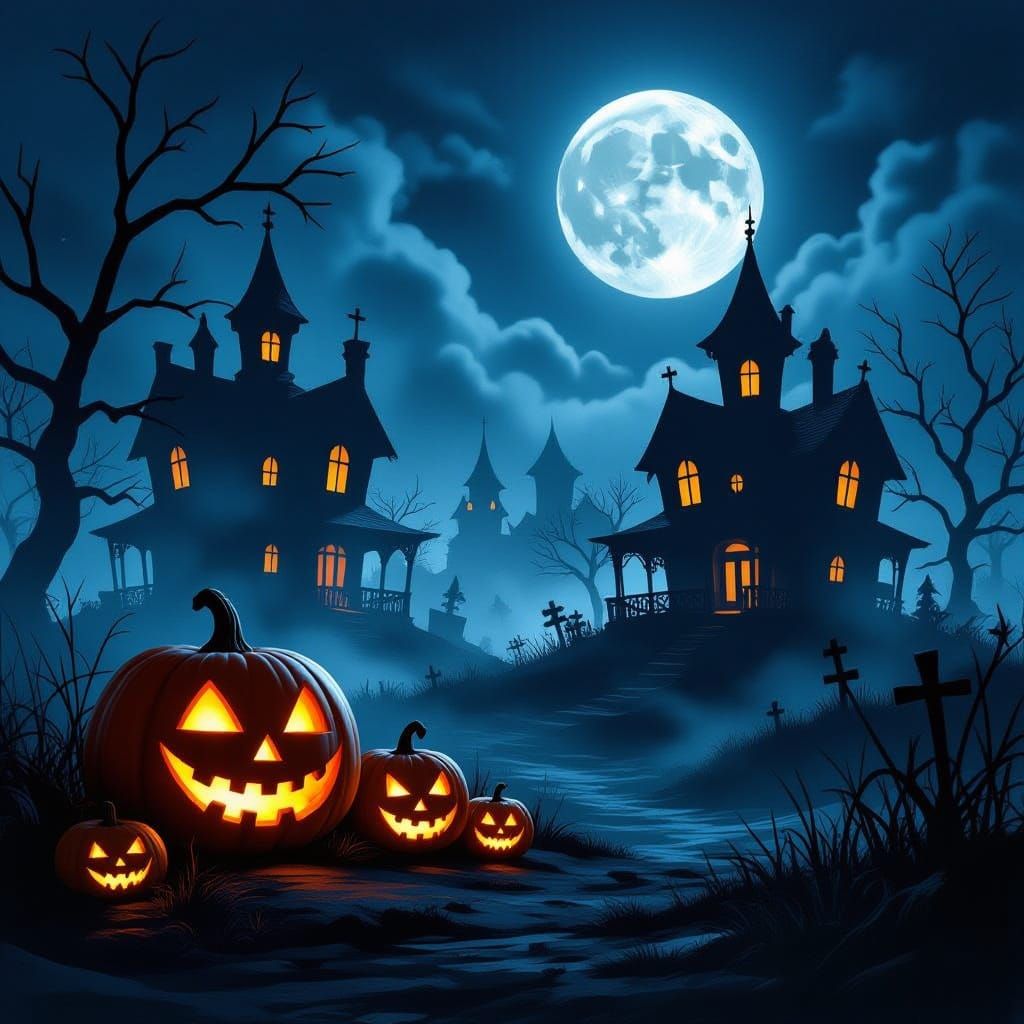 Spooky Halloween Scene With Glowing Jack-o'-Lanterns