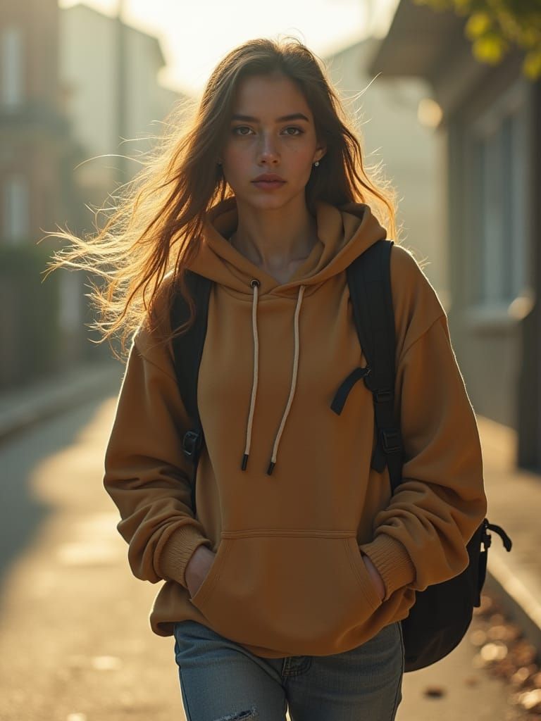 Exotic Girl Walks to School: Cinematic Portrait