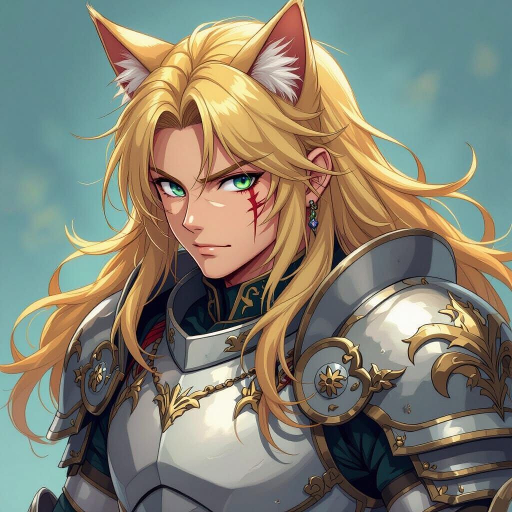 Anime Warrior with Cat Ears in Vibrant Armor