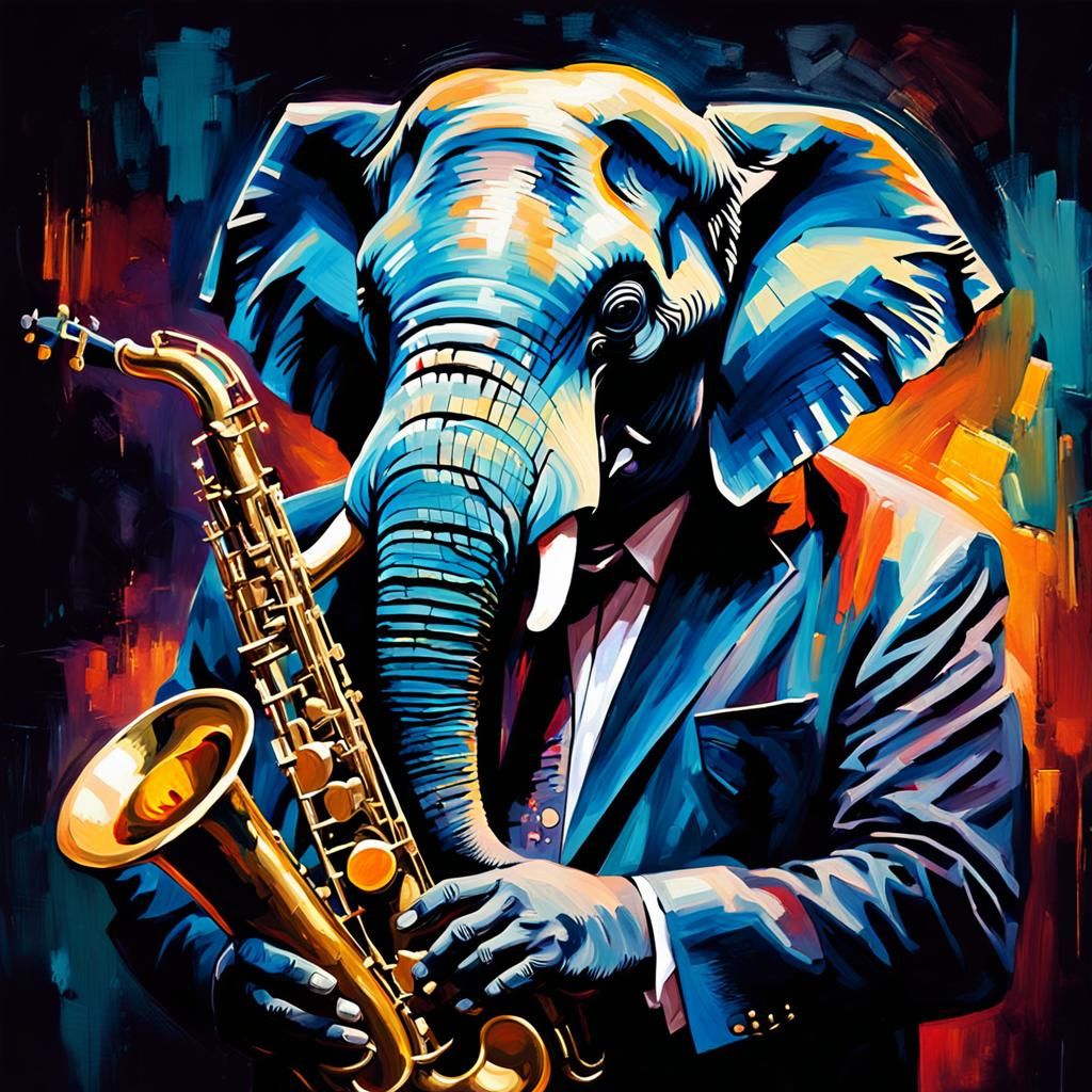 Elephant Jazz Saxophonist in Oil Painting Style