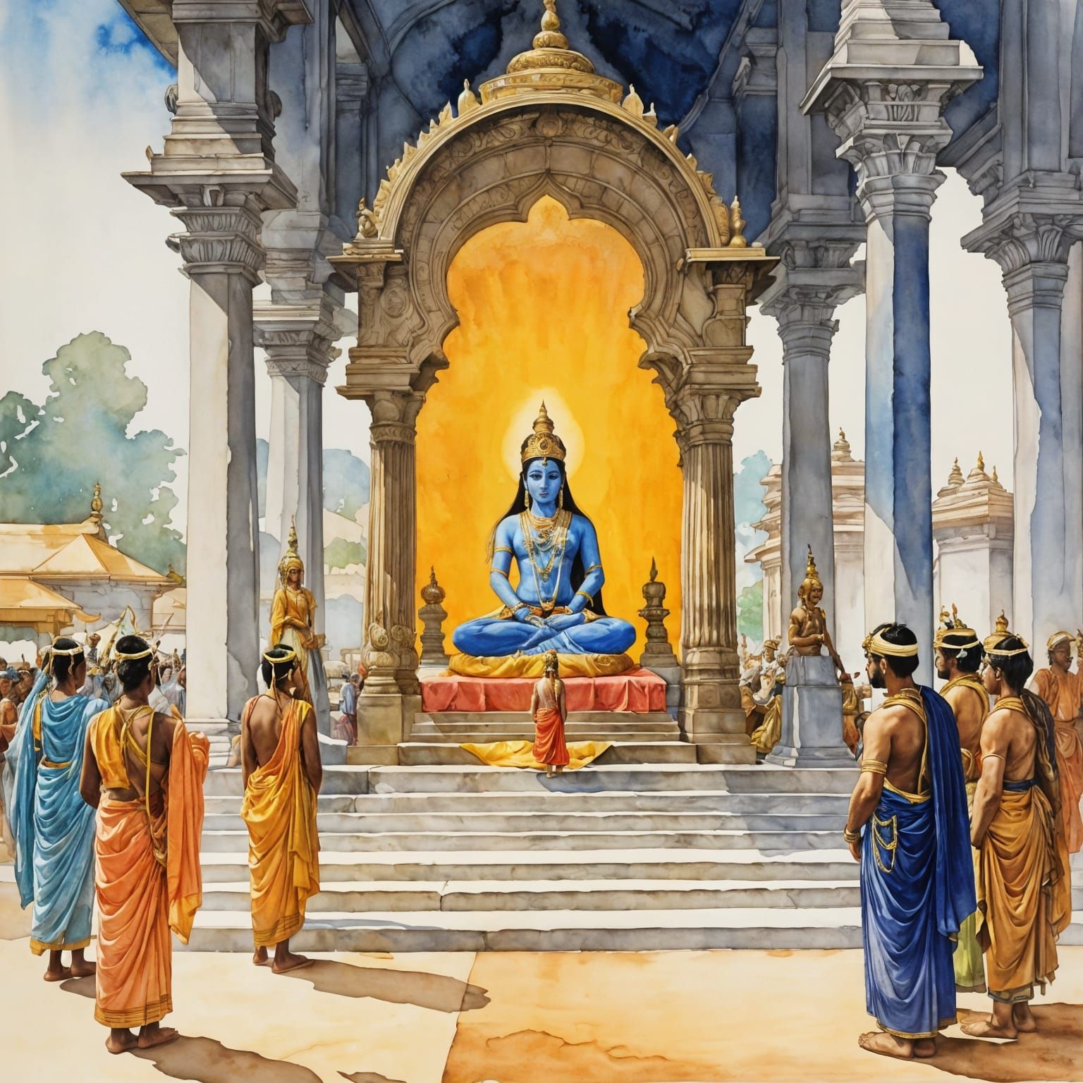 Watercolor Temple Scene Capturing Rama Navami Festival