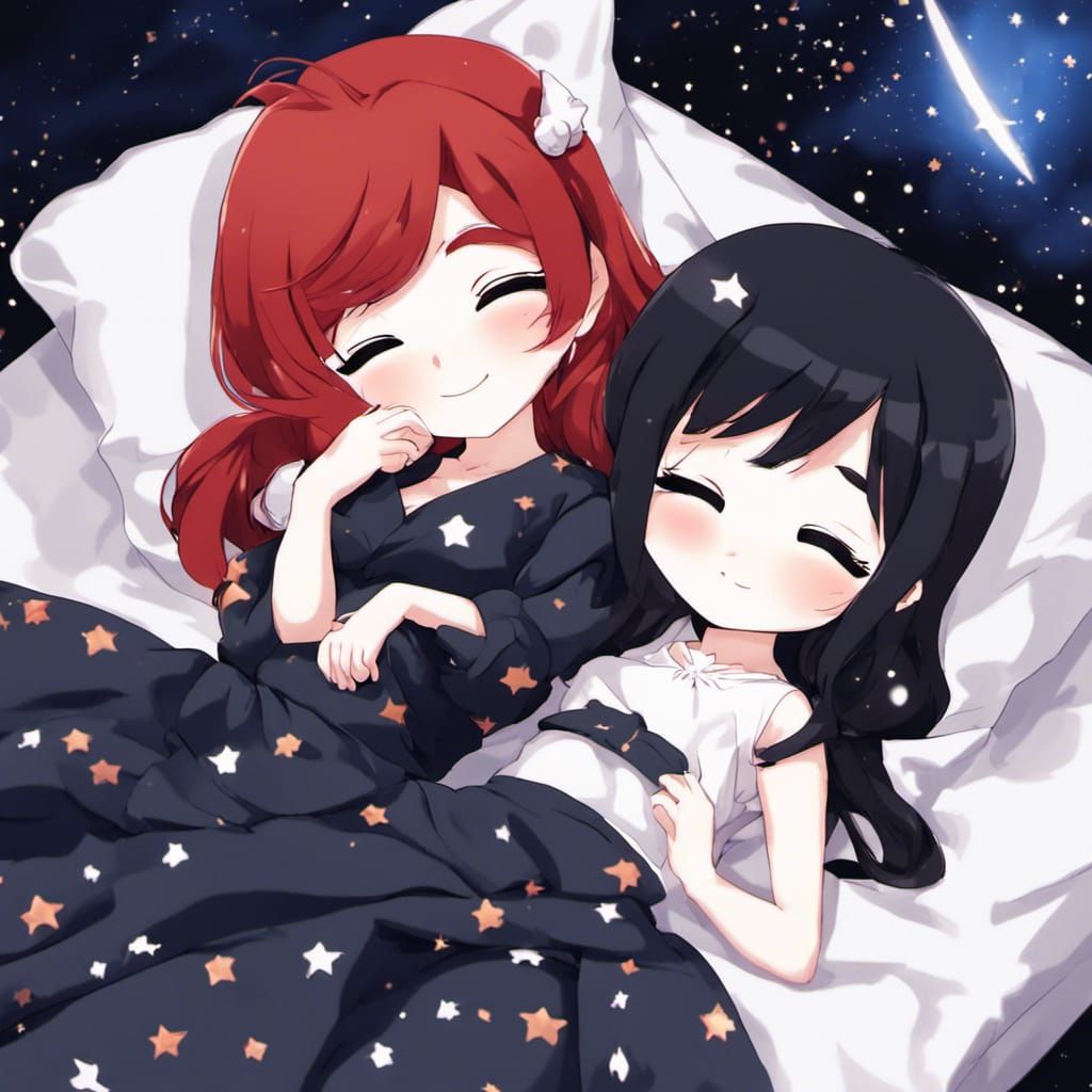 Chibi Girls Sleeping Under Starry Night, Anime Style