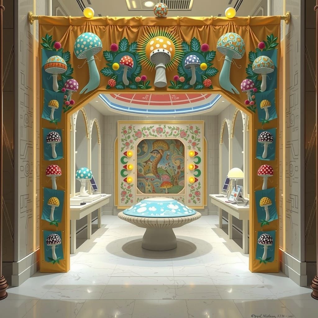 Surreal Blue Mushroom Monument in Whimsical Steampunk Style