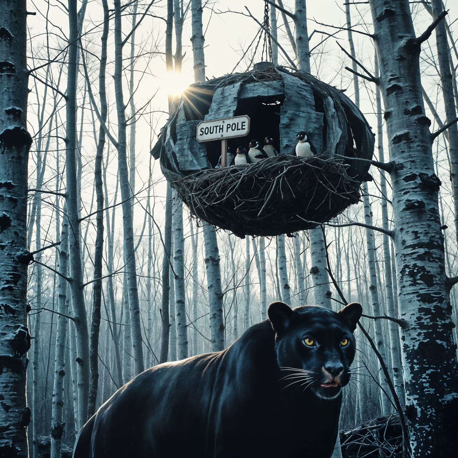 Surreal Forest Iglu Nest with Penguins and Panther