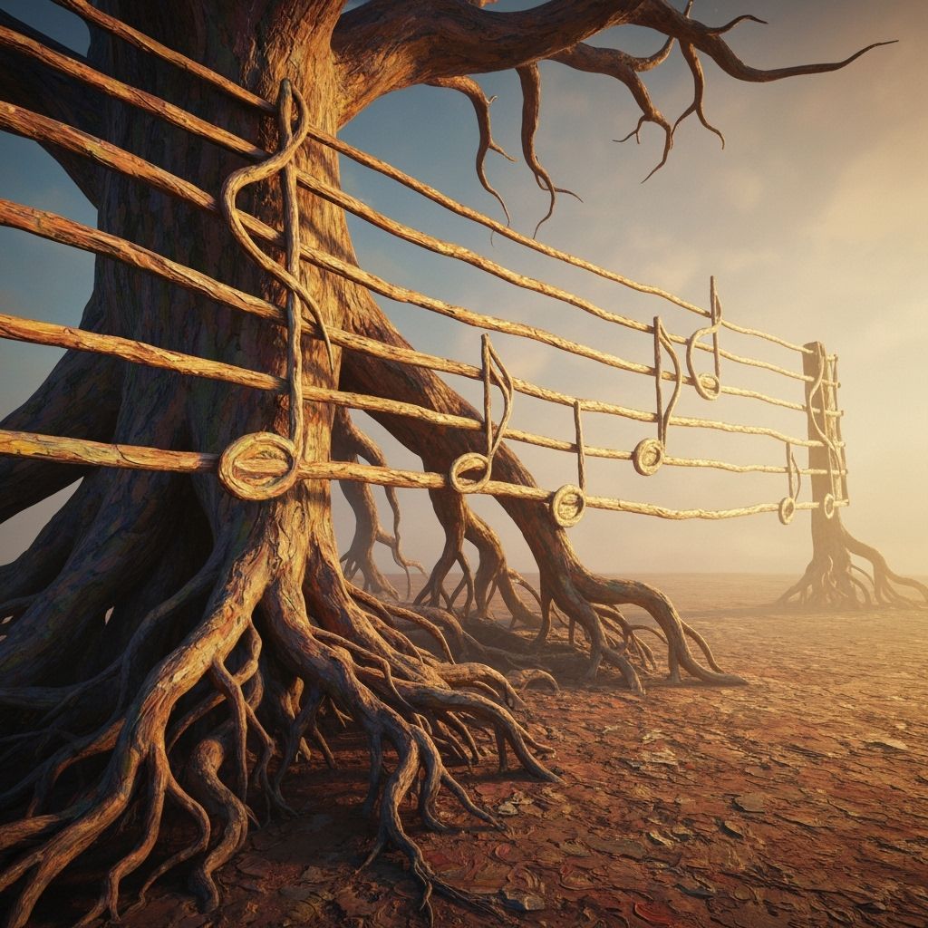 Tree Roots Form Musical Staff Lines Impasto Style