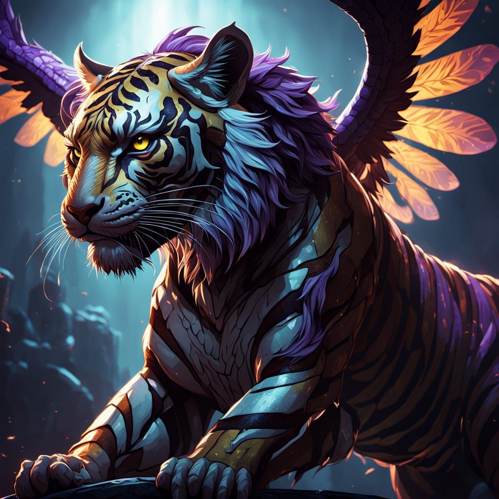 Majestic Tiger-Sky Warden Hybrid in Flight, Inspired by Dark...