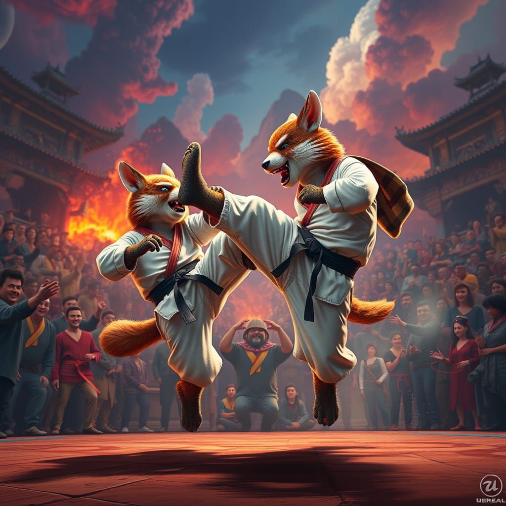 Animals Doing Karate in a Fantasy Landscape