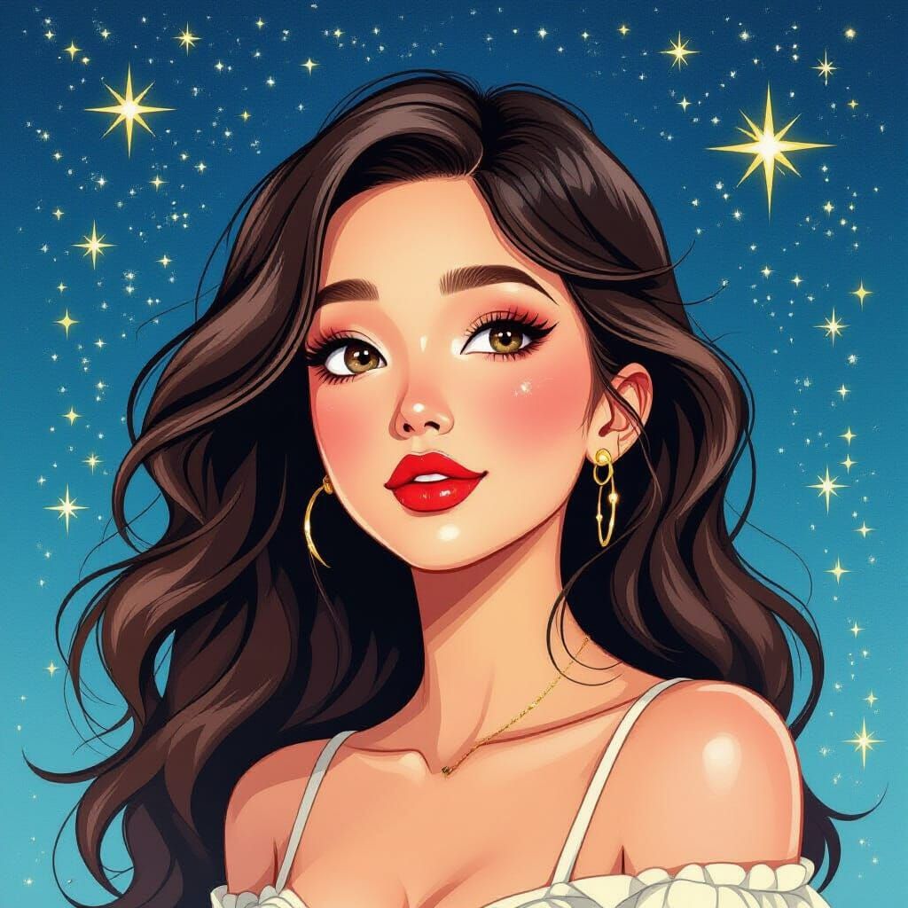 Woman with Starry Hair: Gouache Style Painting