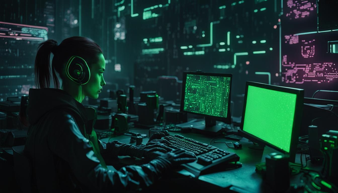 Dystopian Cyberpunk Cityscape: Linux User in Dark Room