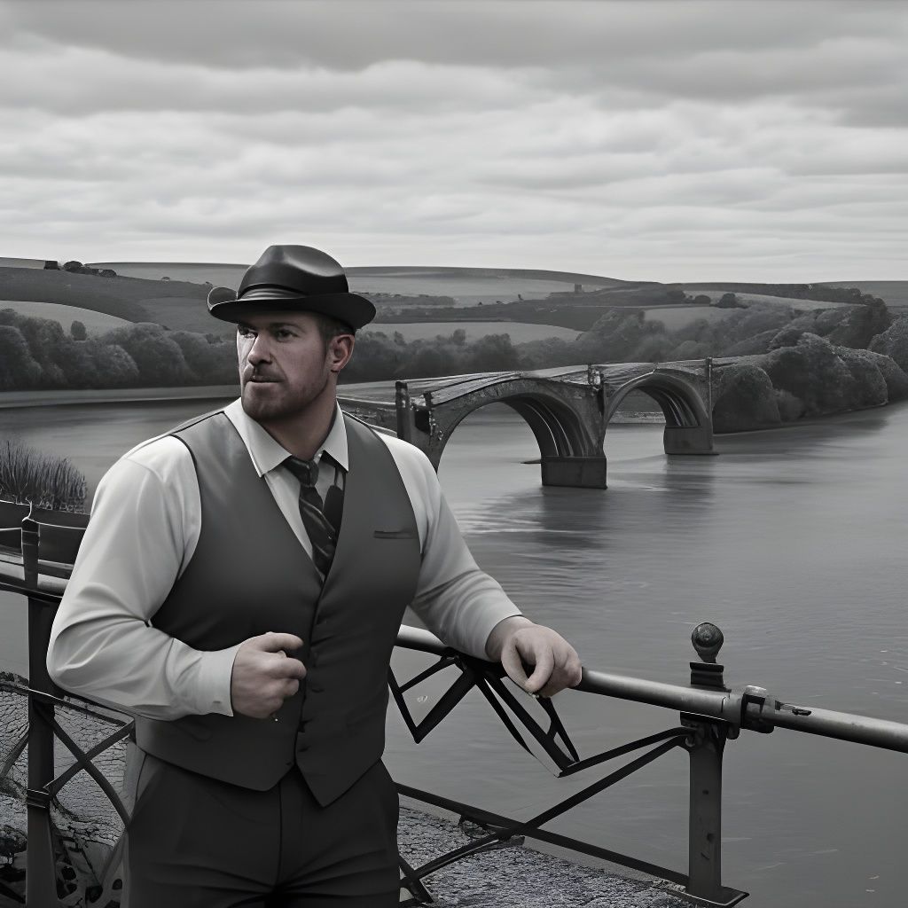 An English beefcake farmer on the Iron Bridge over the River...