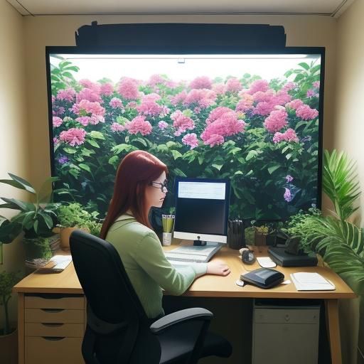 Hybrid Workspace Photo with Computer, Clock and Flowers