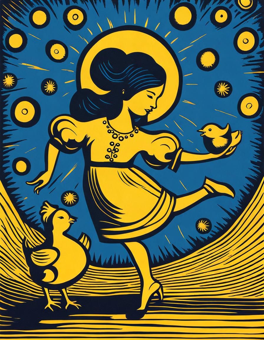 Woman Dancing with Chick: Surreal Woodcut Art