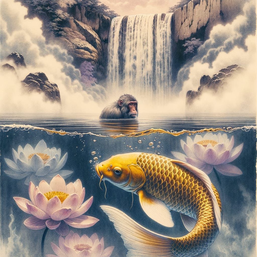 Extreme Closeup, golden koi underwater, monkey