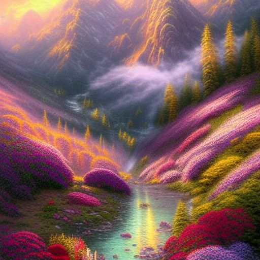 Ethereal Valley of Flowers: A Hyperdetailed Fantasy Landscap...
