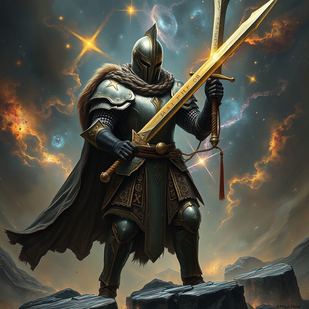 Knight on Cosmic Battlefield with Glowing Sword