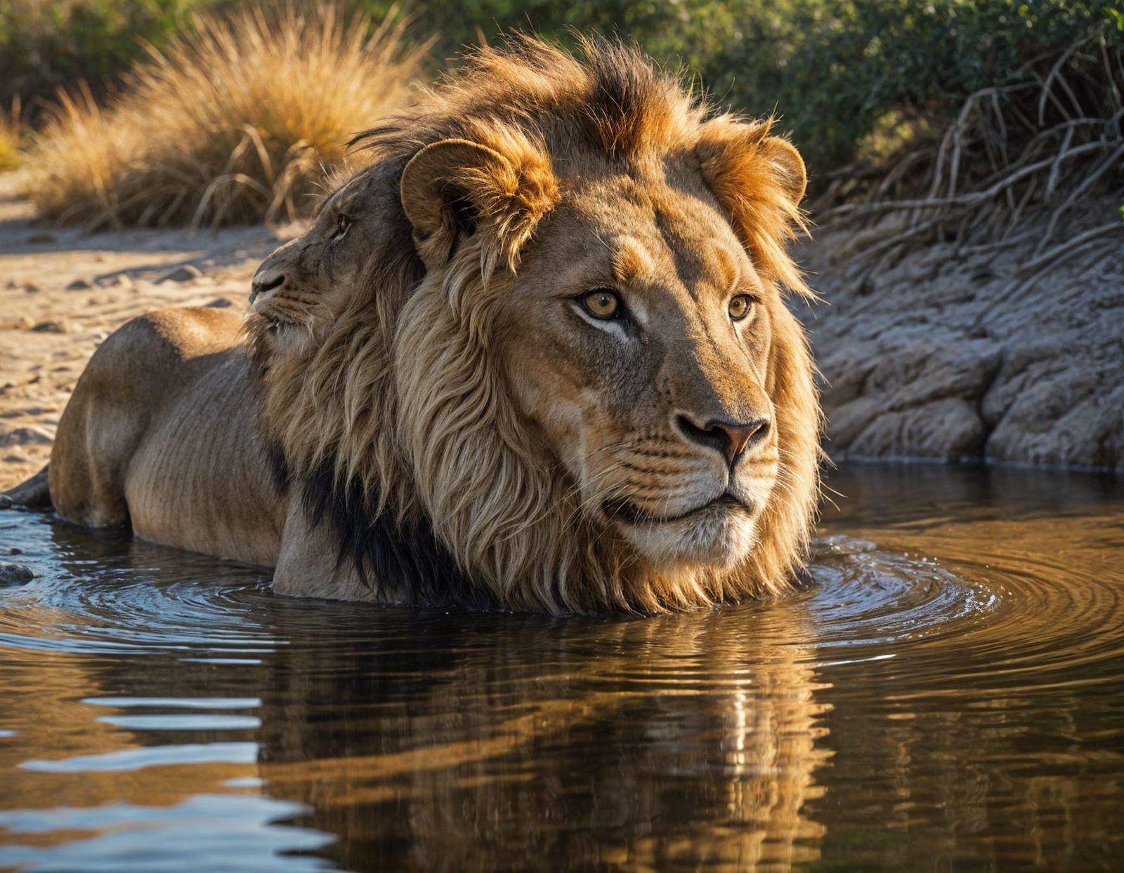 Art Deco Lion Observes Serengeti Waterhole