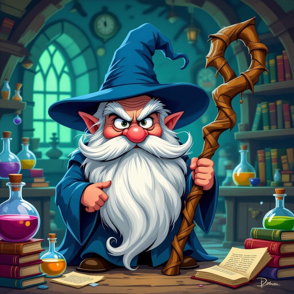 Grumpy Wizard with Coiled Beard in Cartoon Style