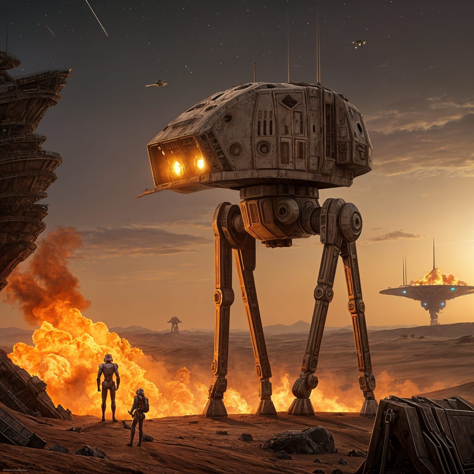 Battle Droid Overlooks Burning Alien Spaceport