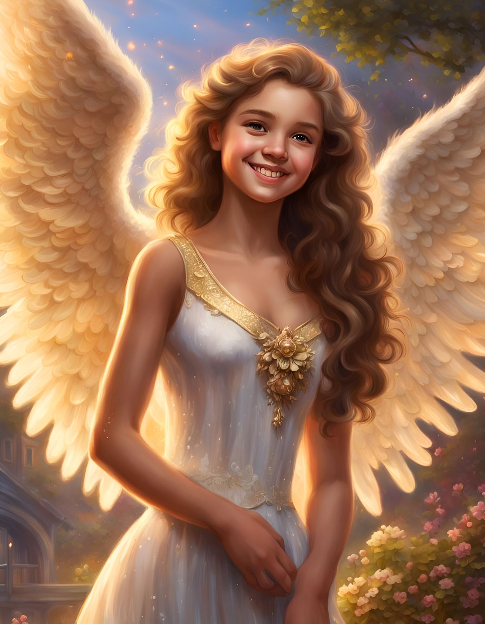 Smiling Teen Angel in Kinkade Style, Golden Hour