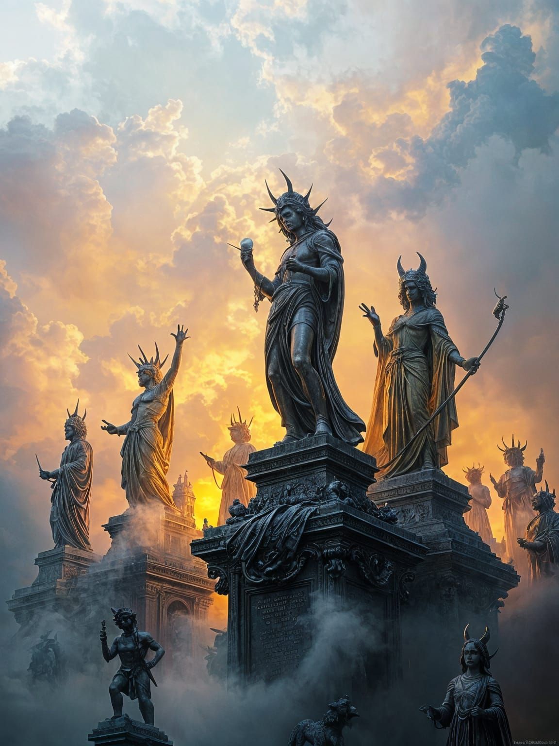 Enameled Statues in Ethereal Fantasy Horror Style