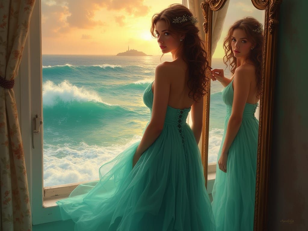 Princess Gazes at Sunset Over Turquoise Waves