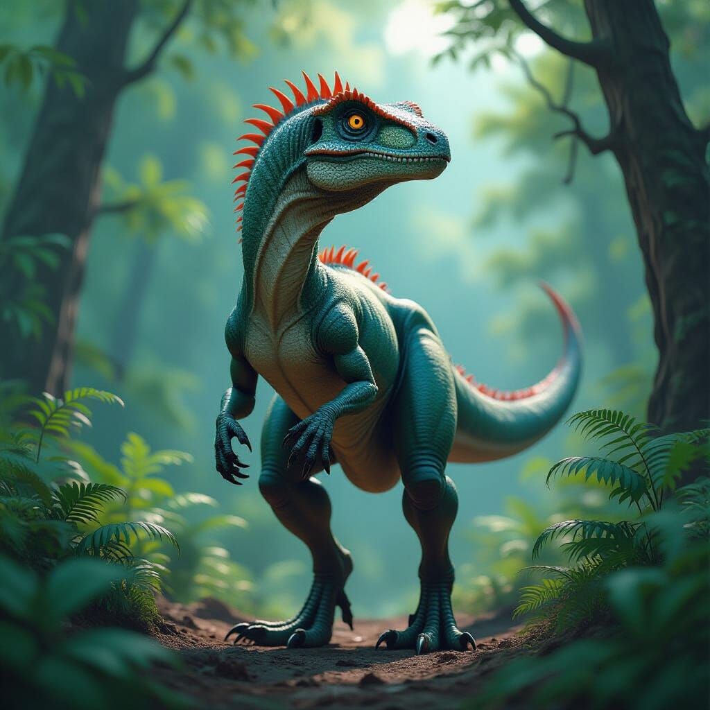 Hyperrealistic Velociraptor in Lush Forest, Dramatic Lightin...