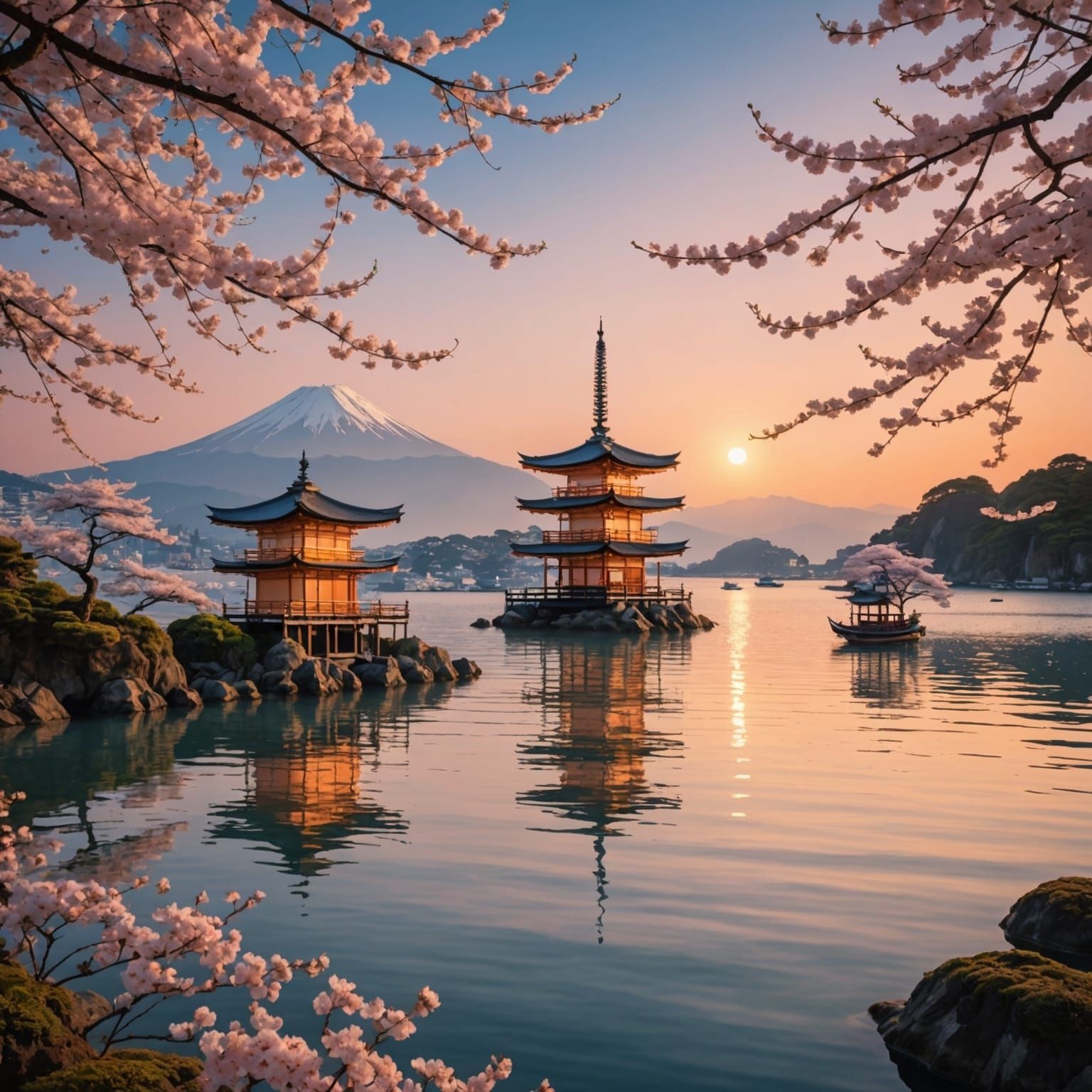 Cherry Blossom Ocean at Sunset: Surreal Landscape
