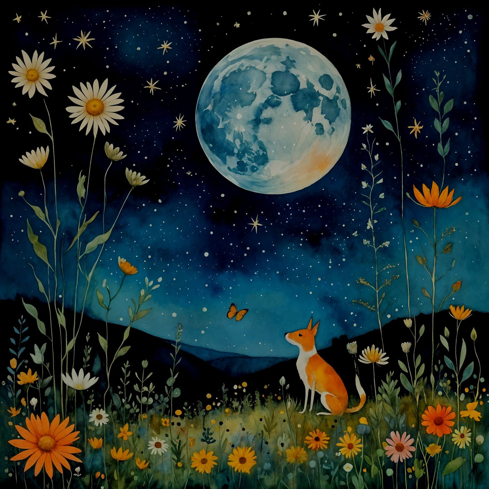 Celestial Midnight Aquarelle Botanical Flora