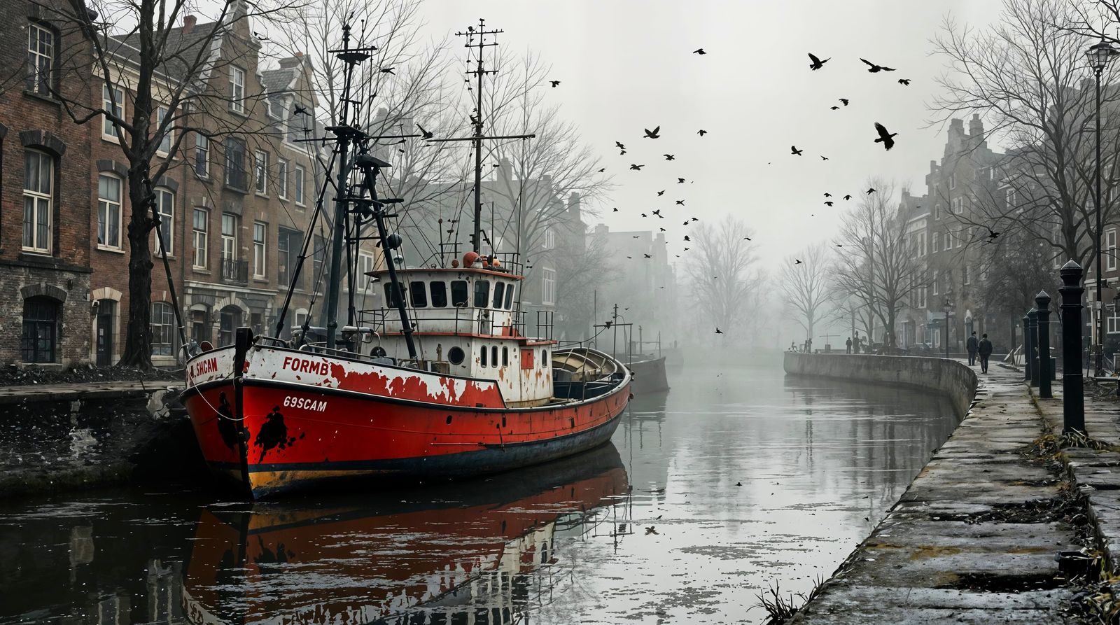 Weathered Fishing Trawler in a Foggy, Industrial Port City