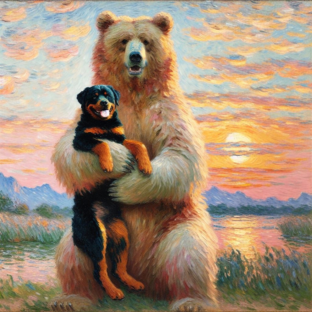Bear Hug: Impressionist Grizzly with Rottweiler Cub