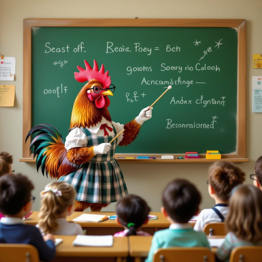 Red-Haired Chicken Teacher in Whimsical Classroom Scene