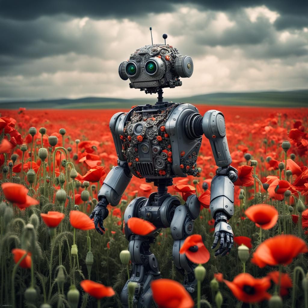 Robot Emerges from Poppy Field: Hyperrealistic Close-Up