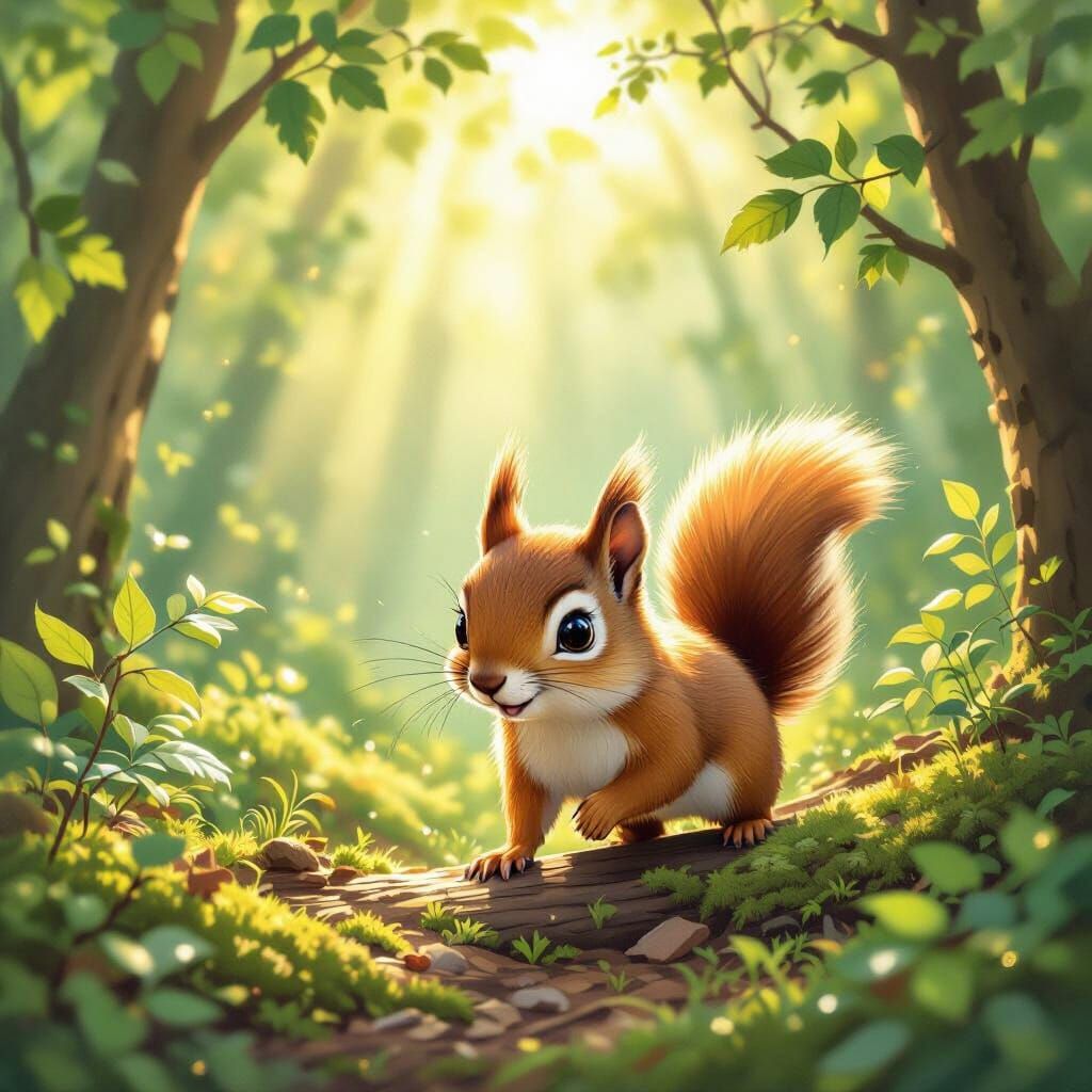 Cute Squirrel in Enchanted Forest Morning Light