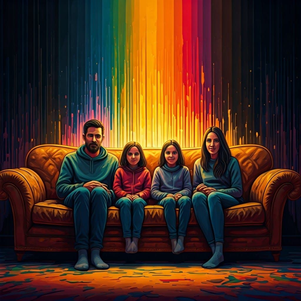 Cozy Family Scene in Vibrant Street Art Style