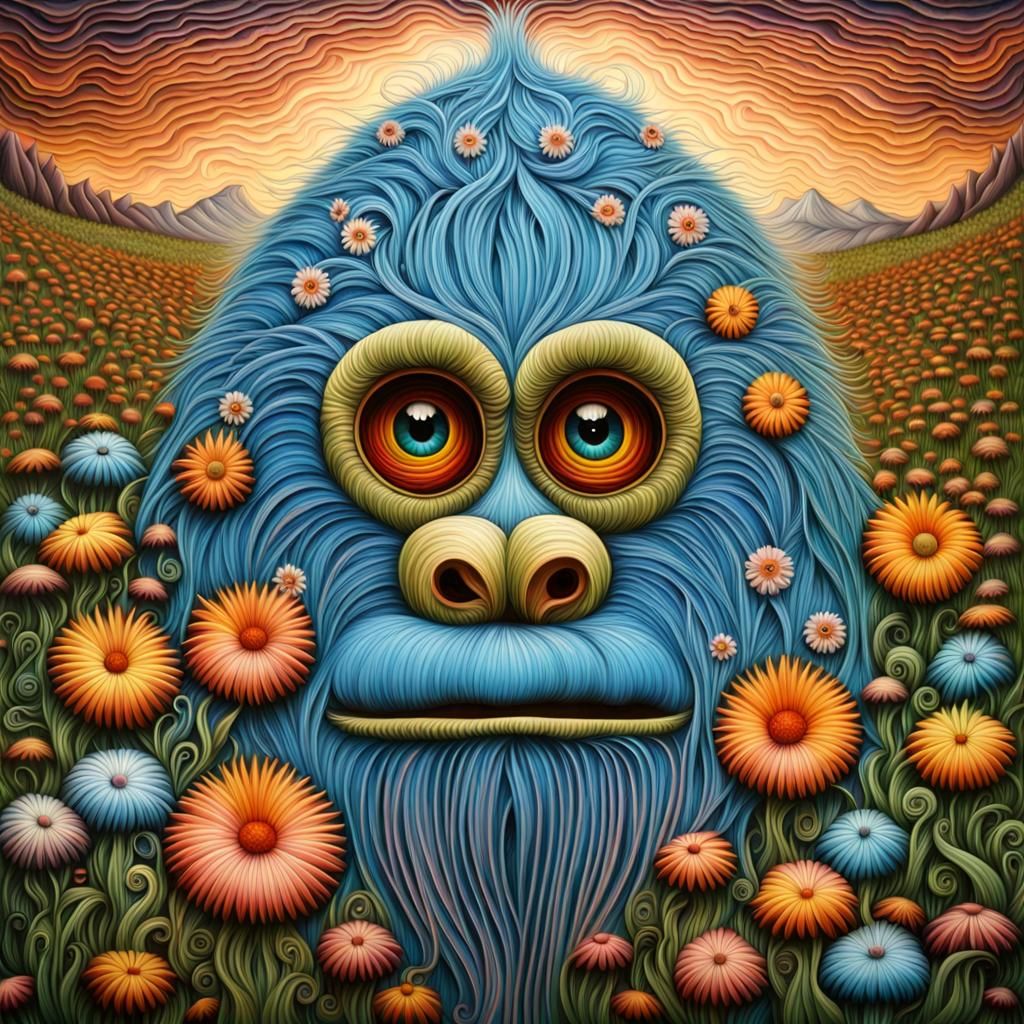 Psychedelic Quilled Yeti Portrait in Flower Field