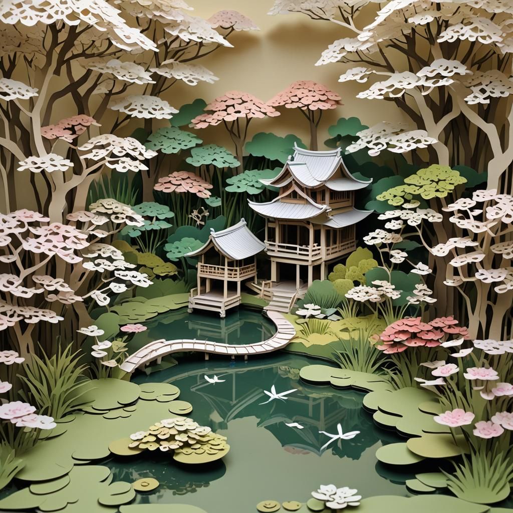 Elaborate Kirigami Japanese Teahouse Garden Pop-Up Card