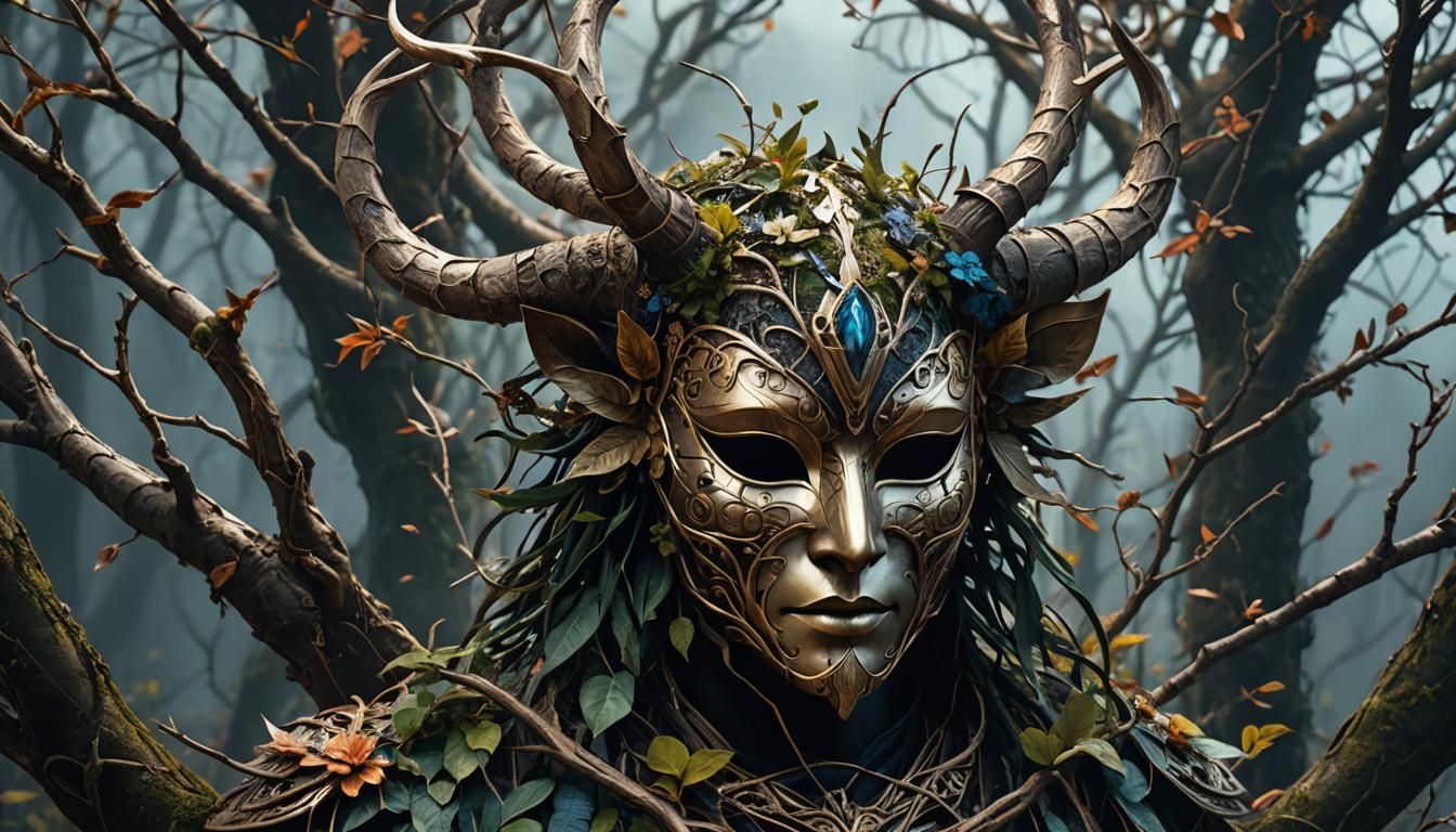 Mysterious Branch Mask with Flowers in Digital Painting Styl...