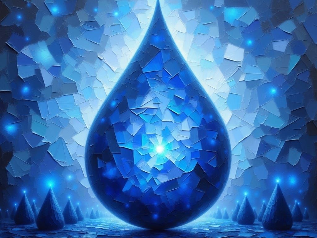 Abstract Blue Teardrop in Cracked Impasto Style