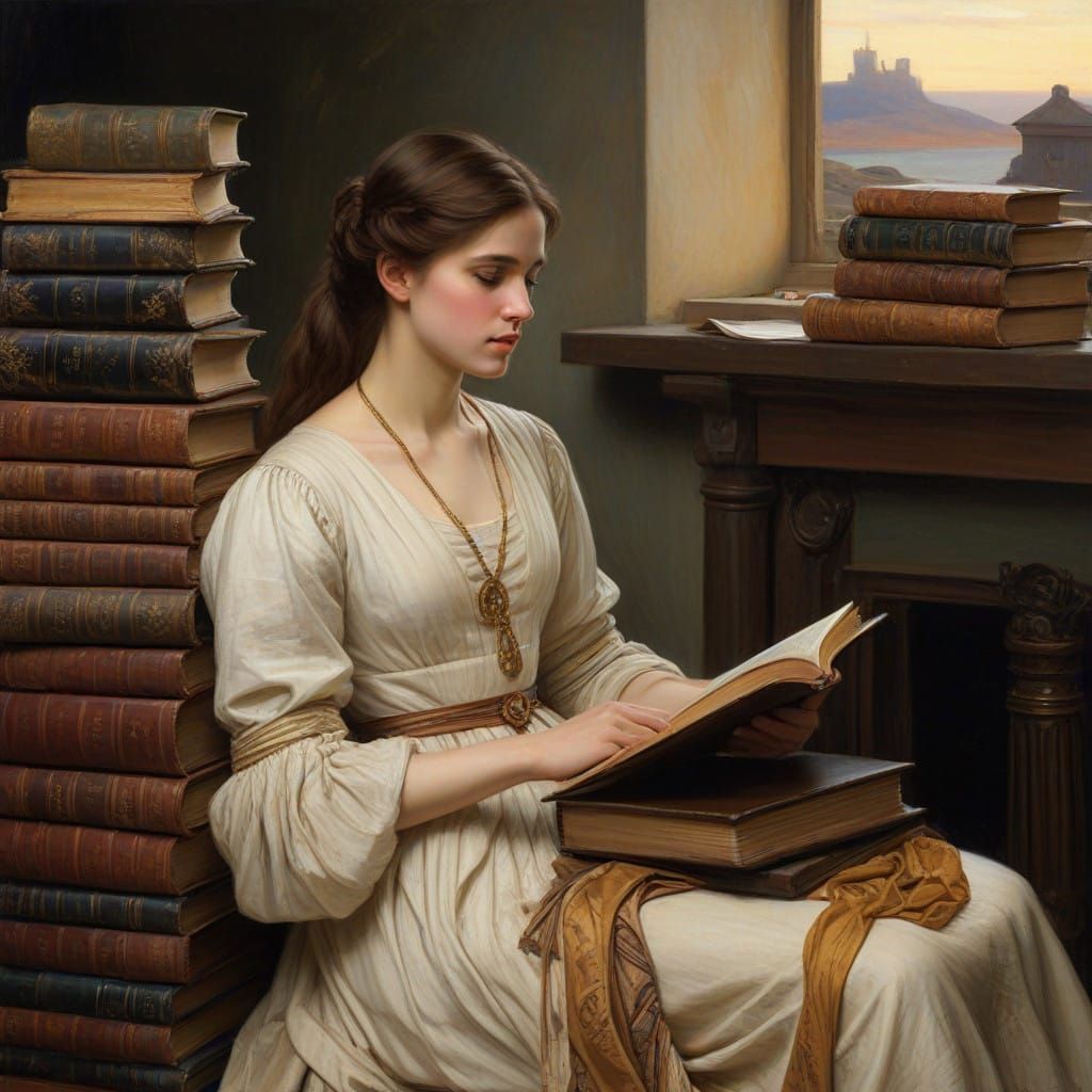 Elegant Victorian Lady Surrounded by Leather-Bound Tomes in...