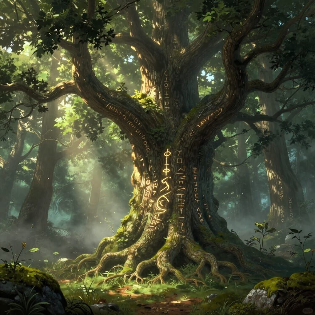 Ancient Tree with Glowing Runes in Ethereal Forest