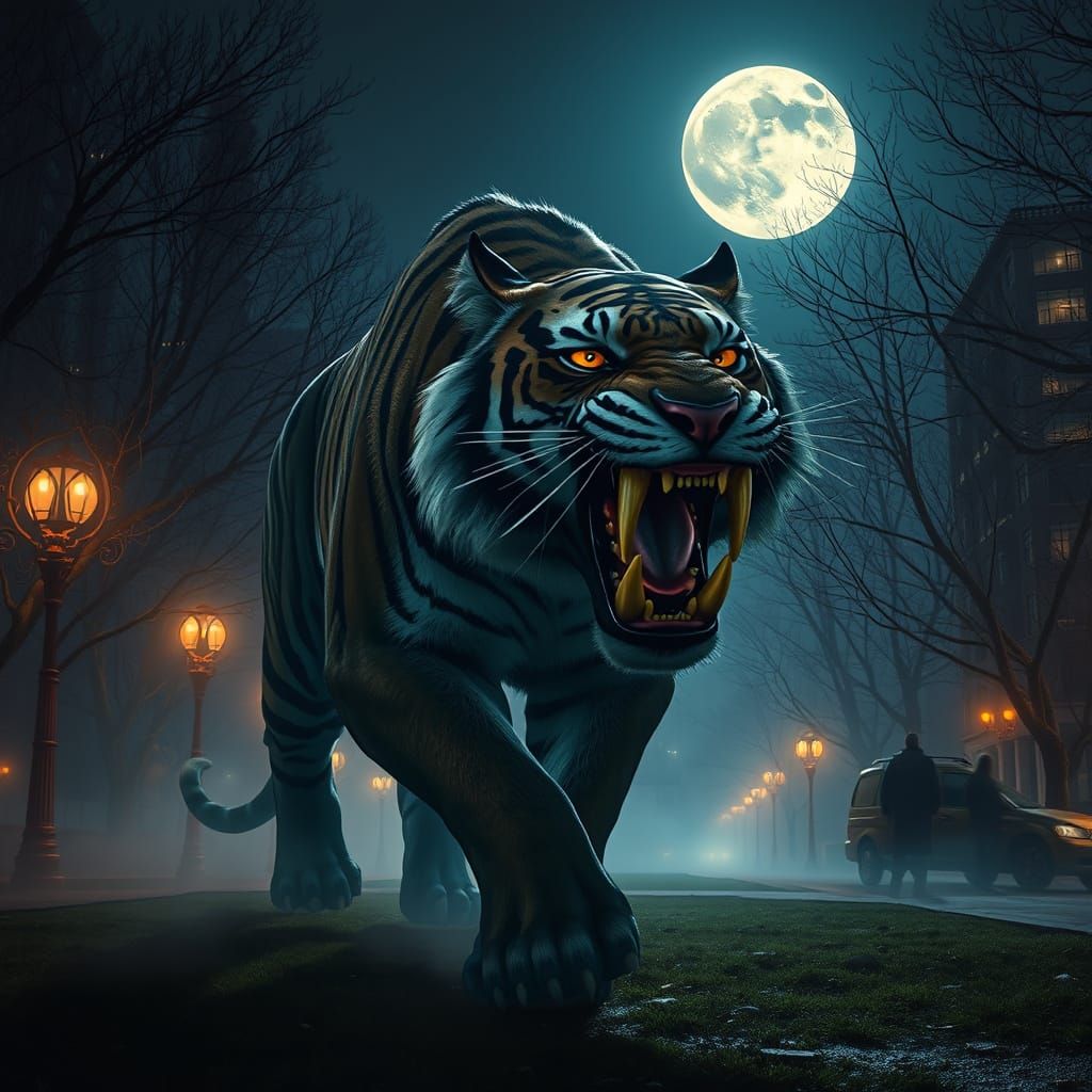 Giant Saber-Toothed Tiger in Misty Urban Park