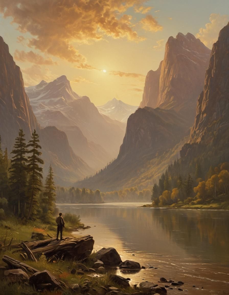 Majestic Mountain Landscape, Hudson River School Oil Paintin...