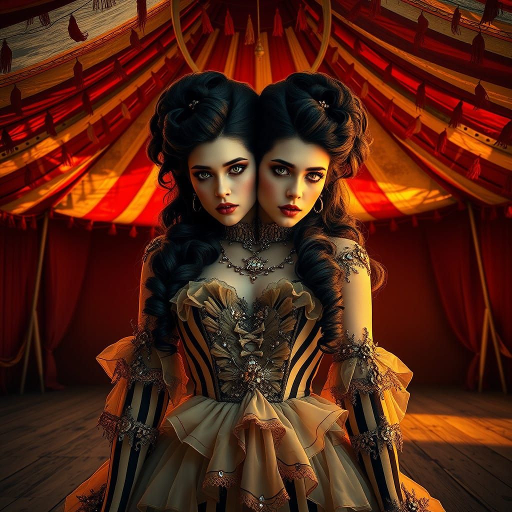 Dual-Faced Enchantress Under Victorian Circus Tent