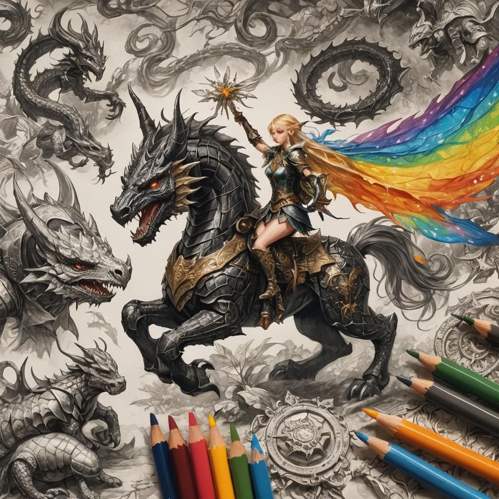 Monochrome Elf with Fairy Dragon in High Fantasy Armor