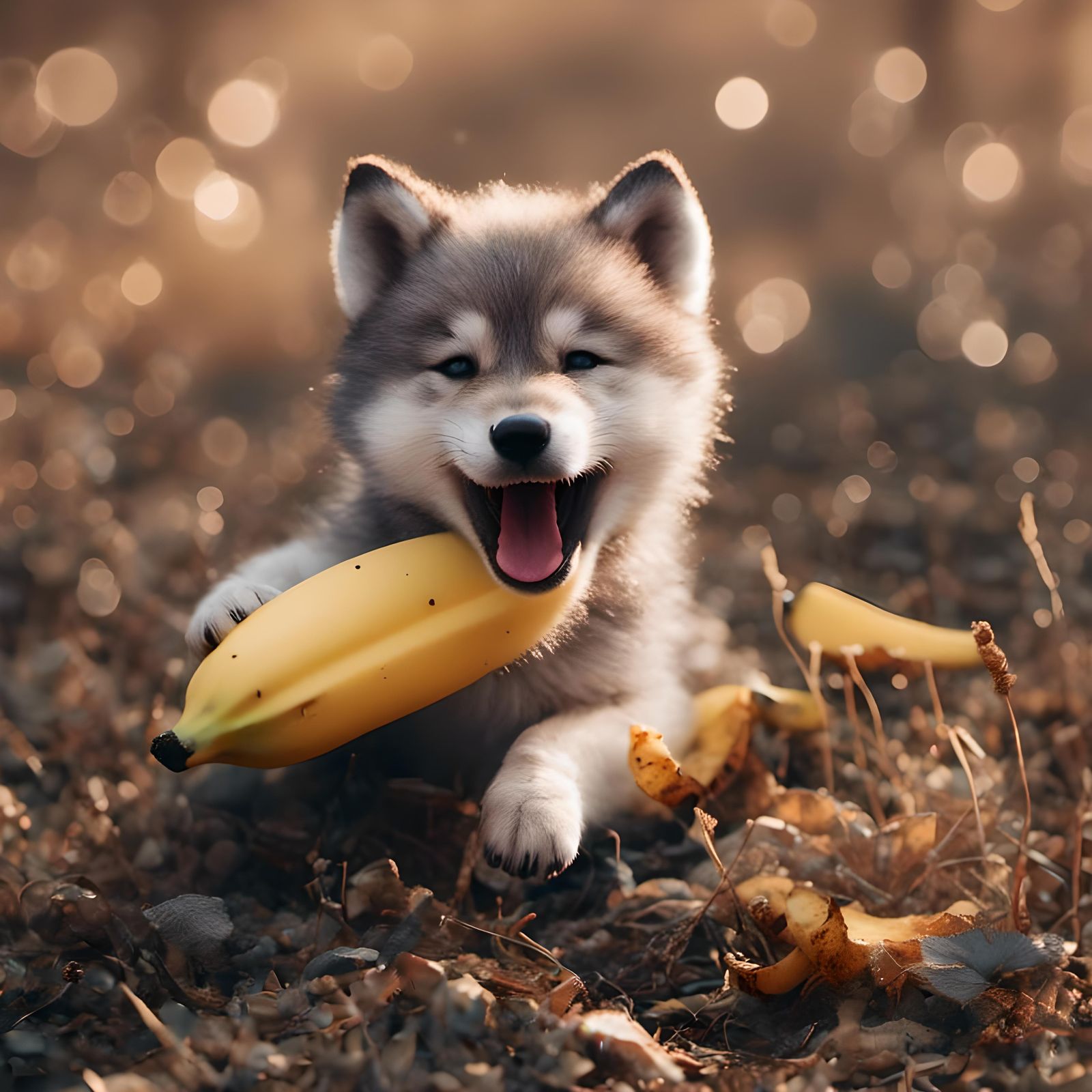 Wolf Puppy Plays with Stuffed Banana