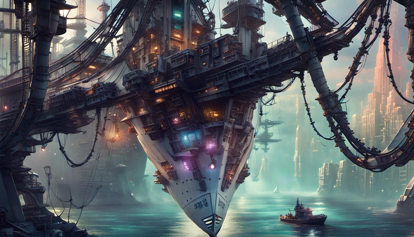 Cyberpunk Sea Freighter with Eerie Creature Concept
