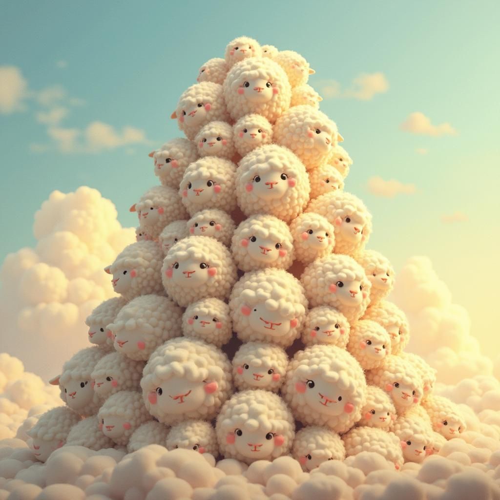 Serene Sheep Stack Reaches Cloudy Sky